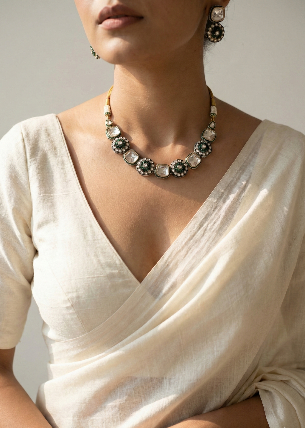 Green Kundan Statement Necklace Set with Polki Stones & Pearl Accents | Traditional Ethnic Jewellery