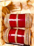 Traditional Red Bridal Chura Set with Kundan Work & Stone Detailing – Punjabi Wedding Bangles for Bride