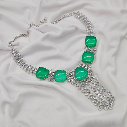 GREEN LUXURY STONE BEADED WITH SILVER HANGING NECKLACE SET