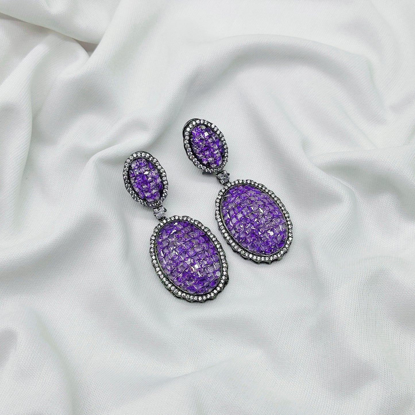 "Dazzling Pink Drop Earrings – Emerald White Stone & Diamond Shine"