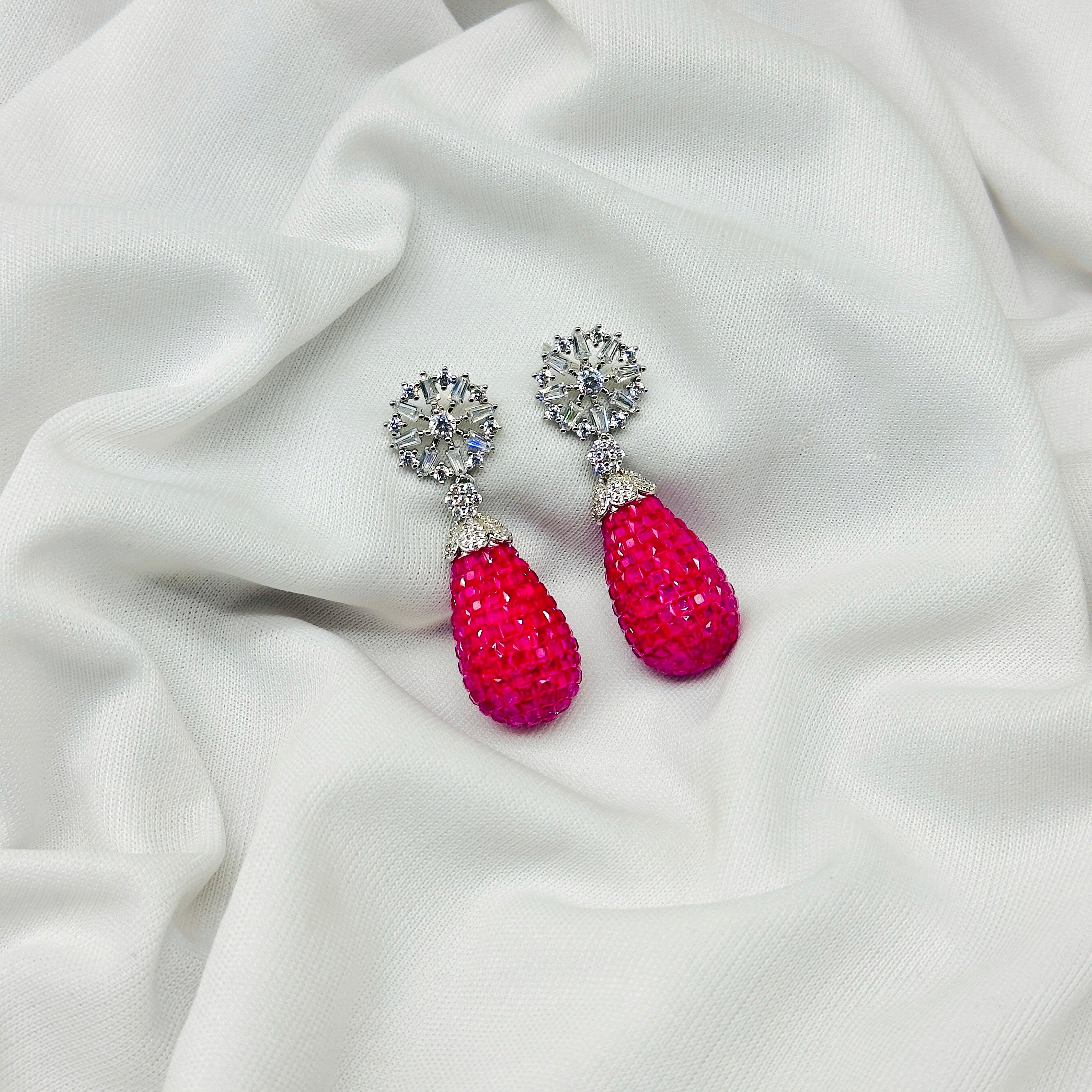 Emerald Pink Drop Earring For Girls , Diamond Studded