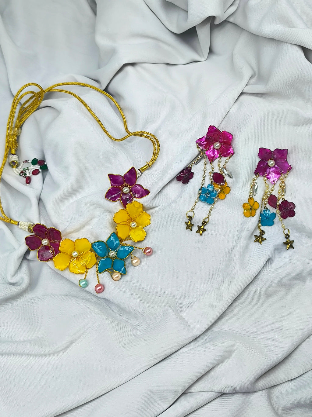 Resin Floral Necklace Set with Earrings | Handmade Multicolor Flower Jewellery