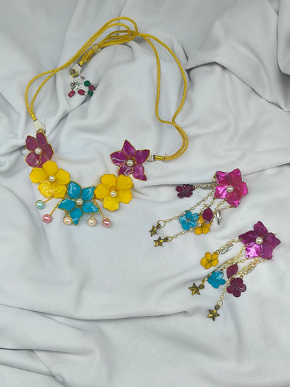 Resin Floral Necklace Set with Earrings | Handmade Multicolor Flower Jewellery