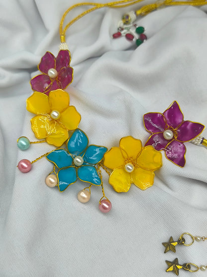Resin Floral Necklace Set with Earrings | Handmade Multicolor Flower Jewellery