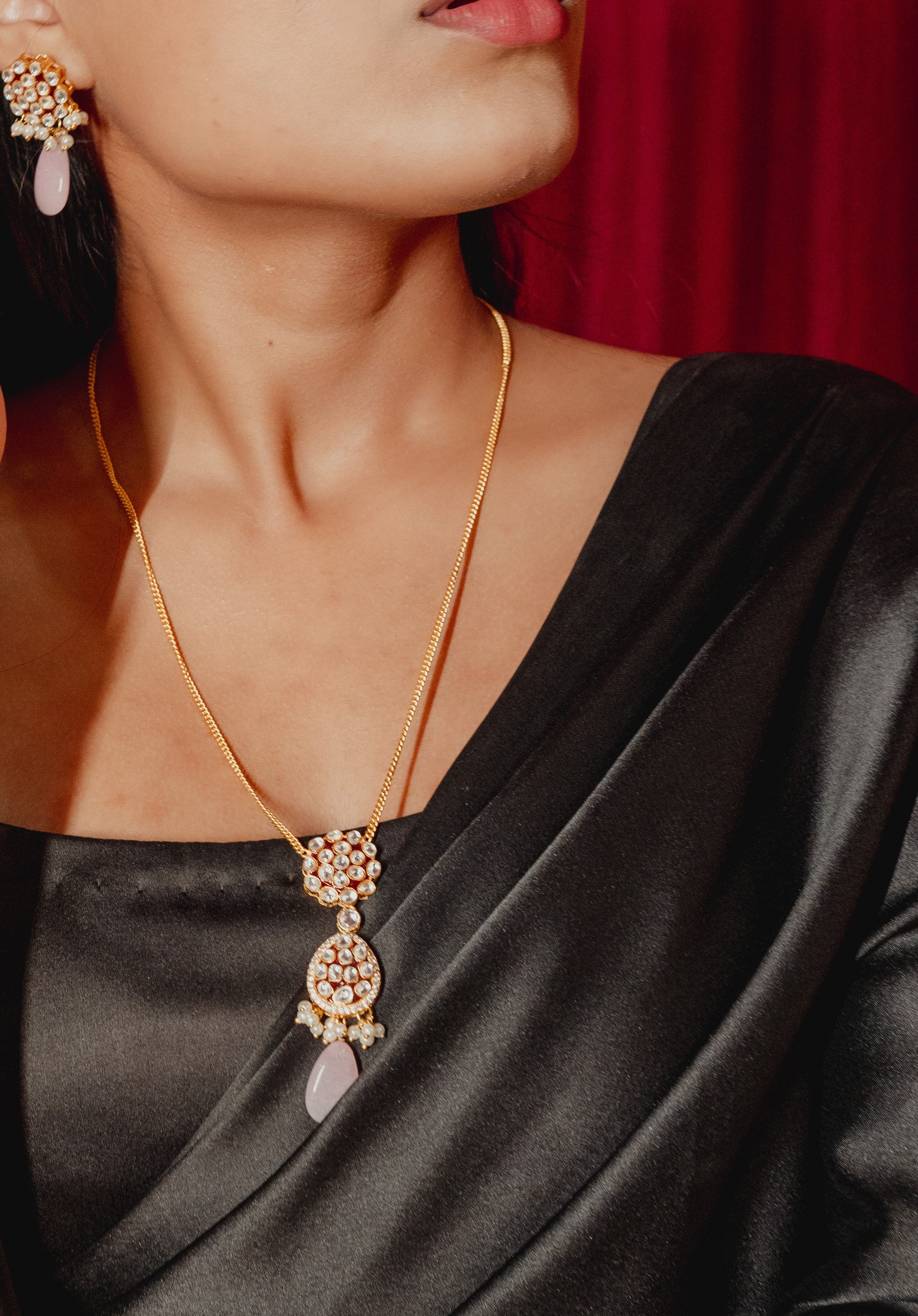 BABY PINK POLKI PEARL PENDANT SET