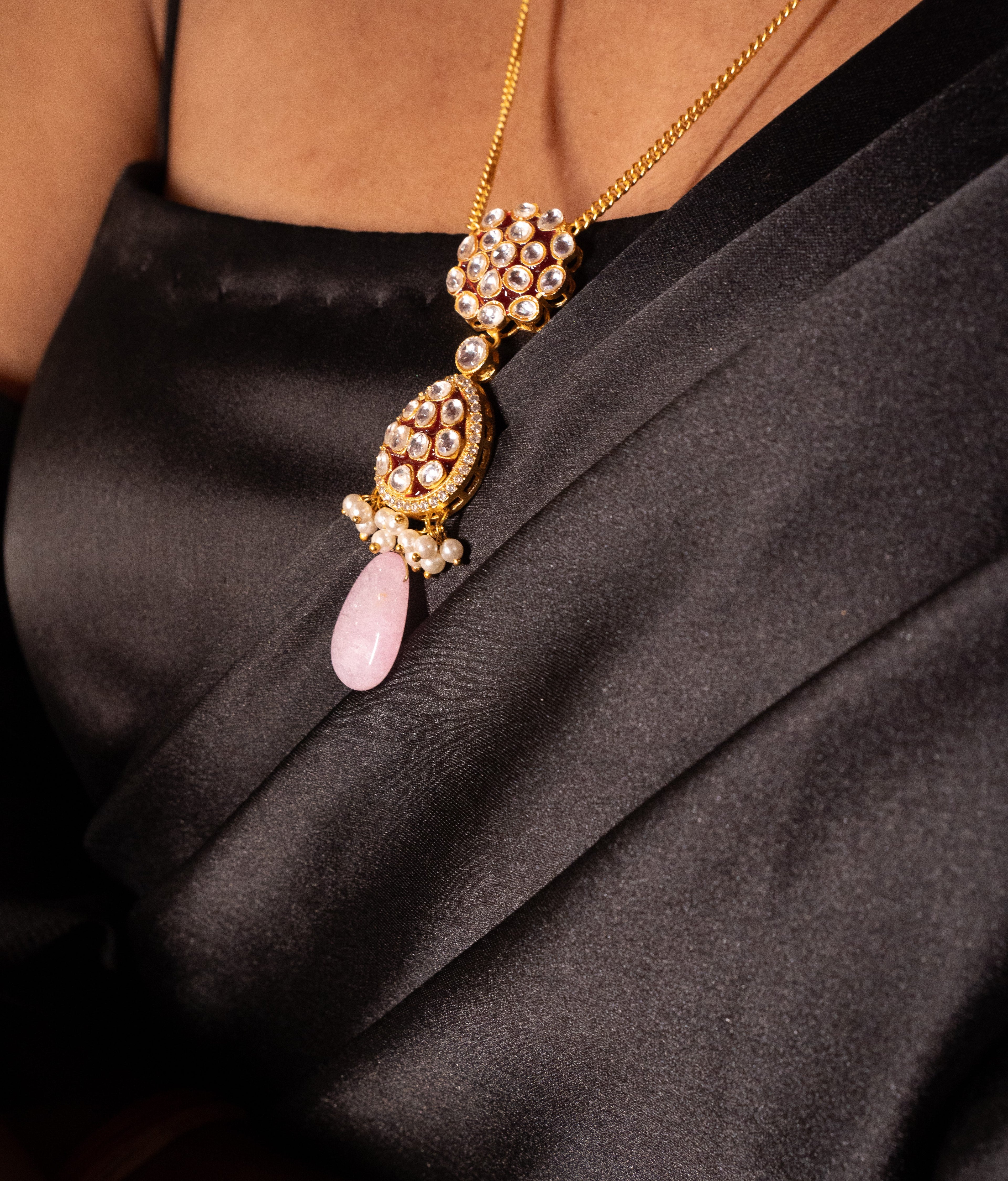 BABY PINK POLKI PEARL PENDANT SET