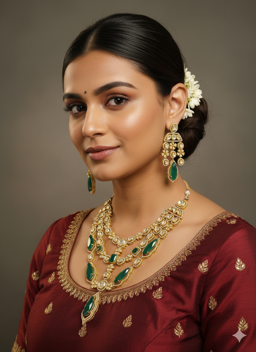 Moissanite Polki Necklace Set with Green Stones | Bridal & Festive Jewelry