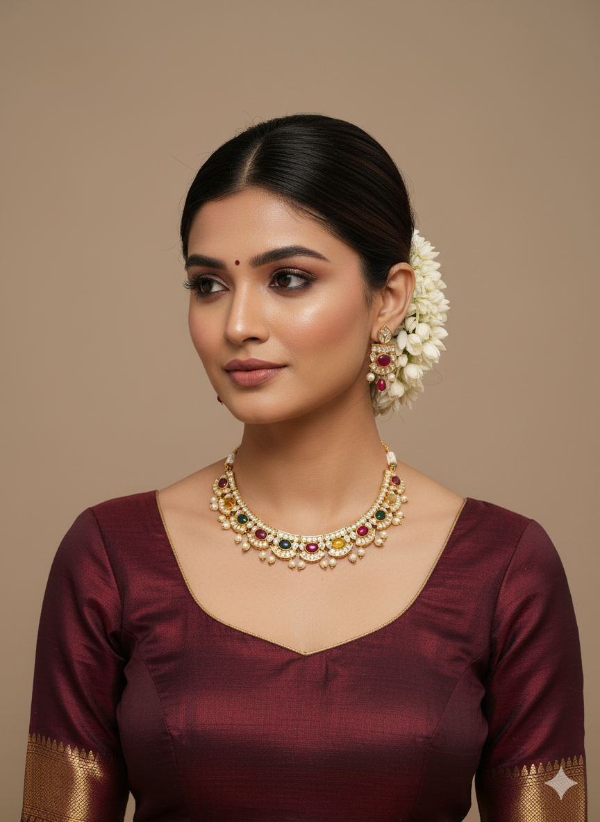 Navratan Polki Necklace & Earring Set