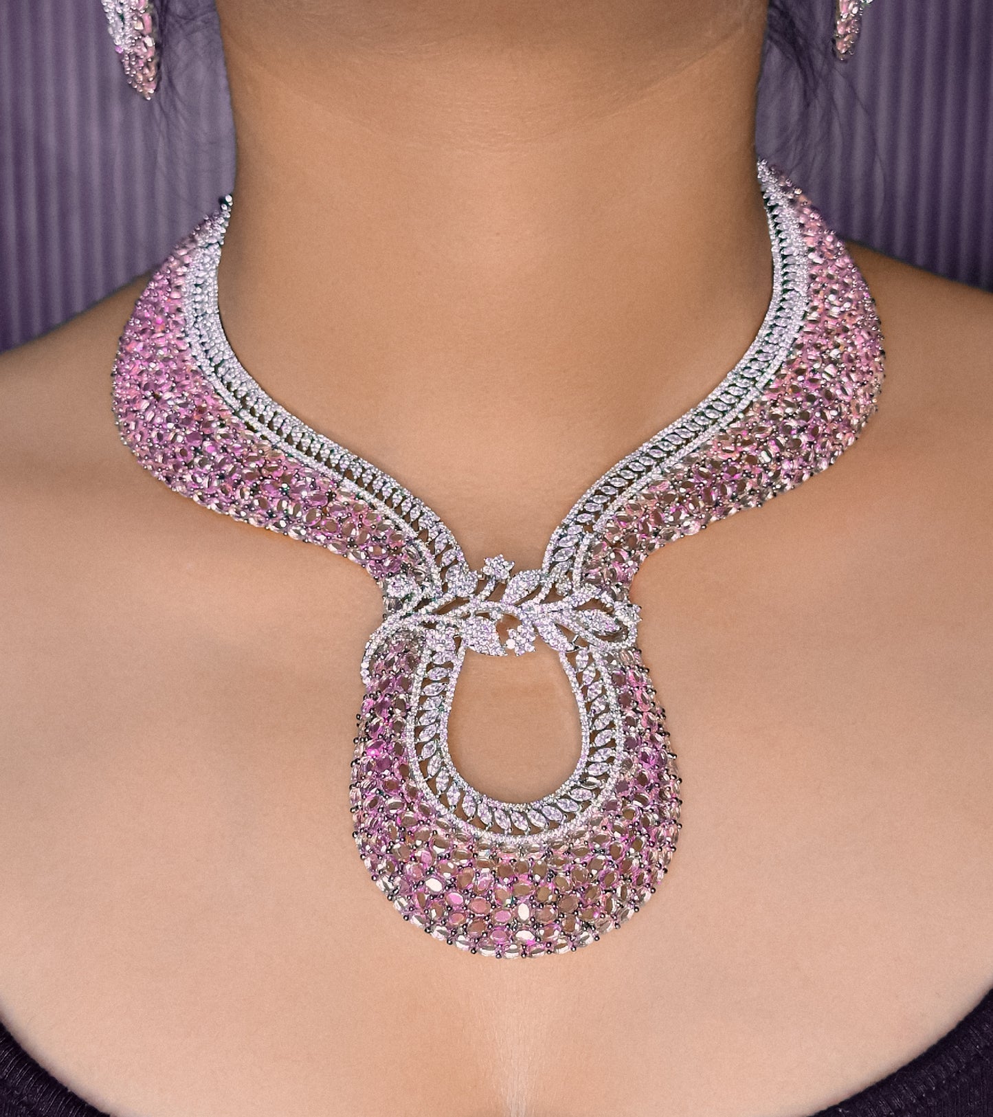 AD Pink Stone Choker Necklace Set -Kavipushp Blings