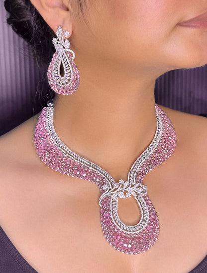 AD Pink Stone Choker Necklace Set -Kavipushp Blings