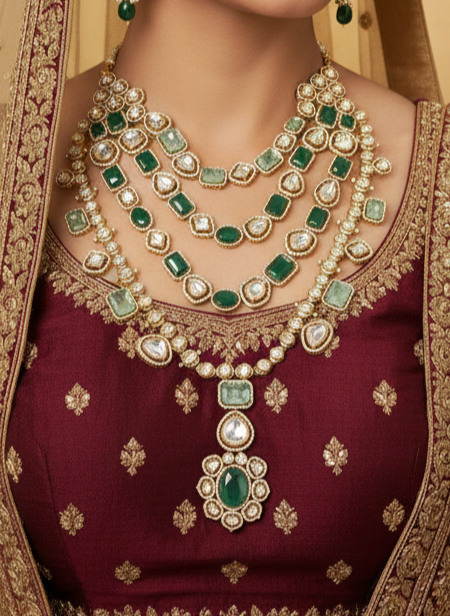 Polki Layering Set – Royal Green & White Stone Bridal Necklace