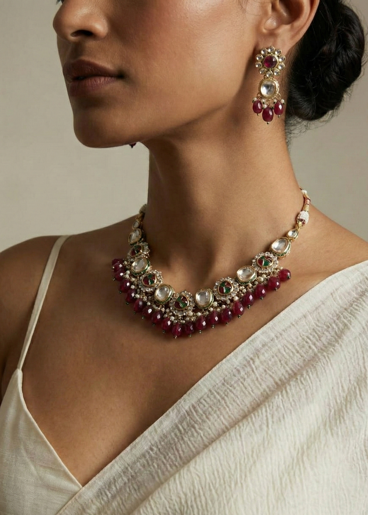 Red Beaded Kundan Choker Necklace with Green Enamel & Pearl Detailing | Traditional Bridal Jewellery