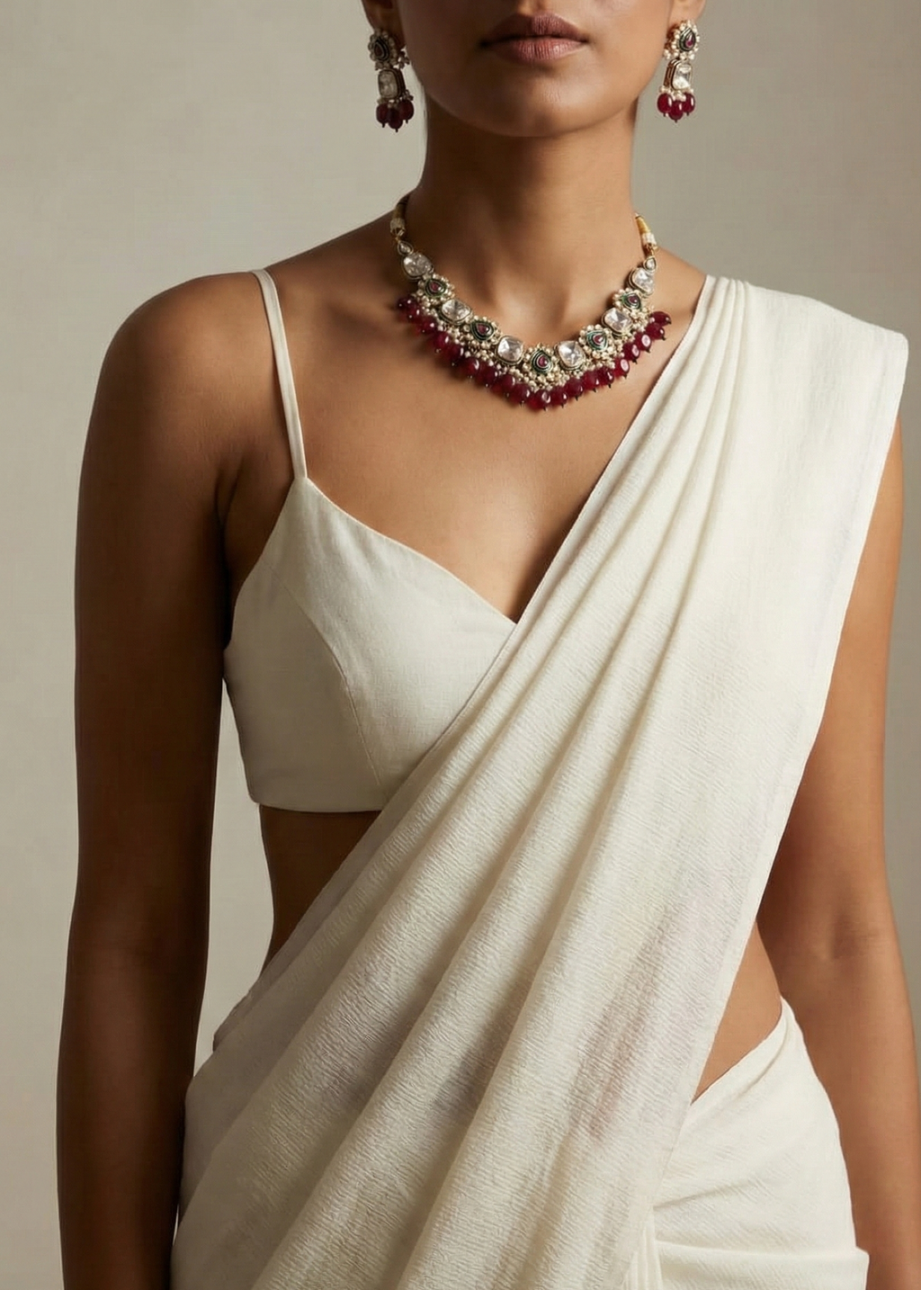 Red Beaded Kundan Choker Necklace with Green Enamel & Pearl Detailing | Traditional Bridal Jewellery