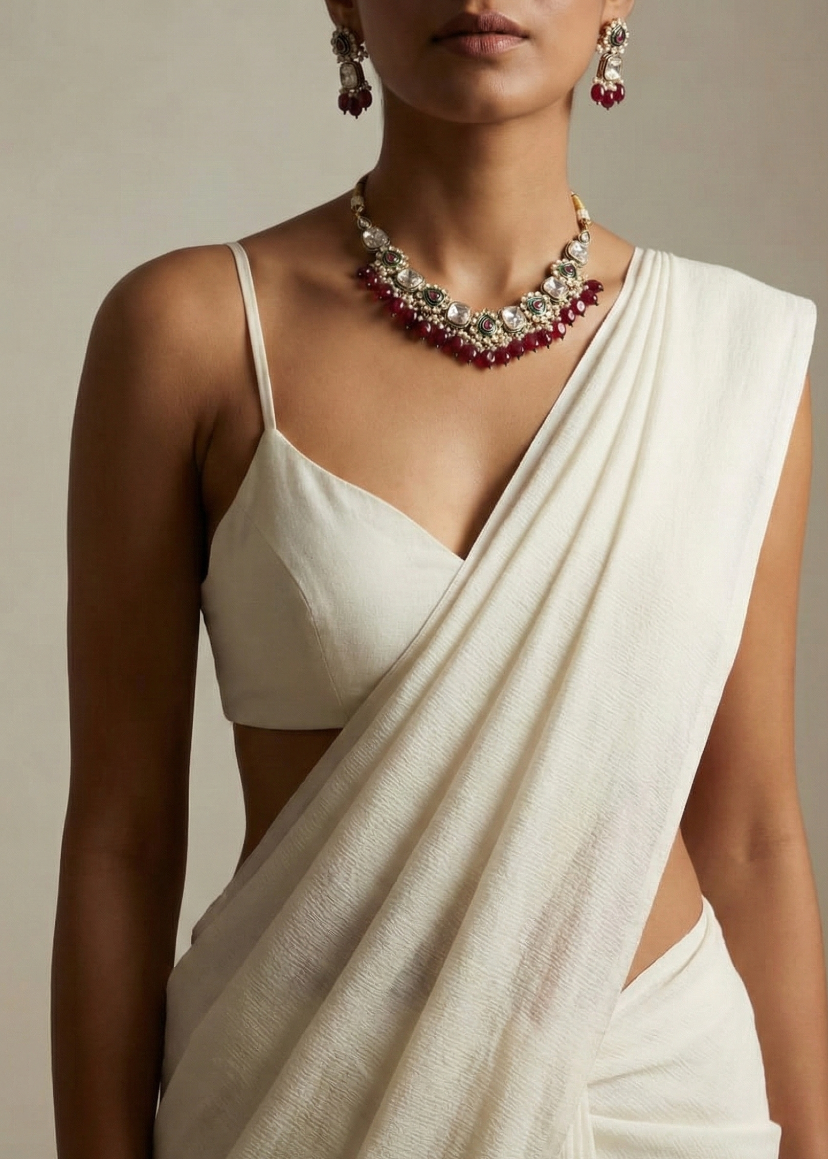 Red Beaded Kundan Choker Necklace with Green Enamel & Pearl Detailing | Traditional Bridal Jewellery