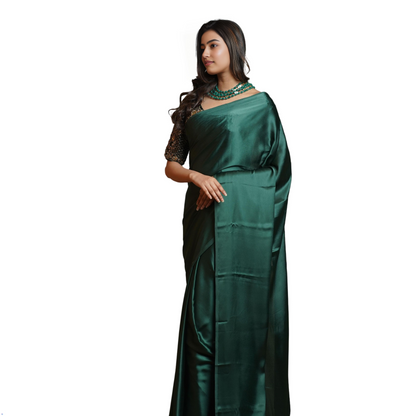 BOTTLE GREEN SATIN SAREE