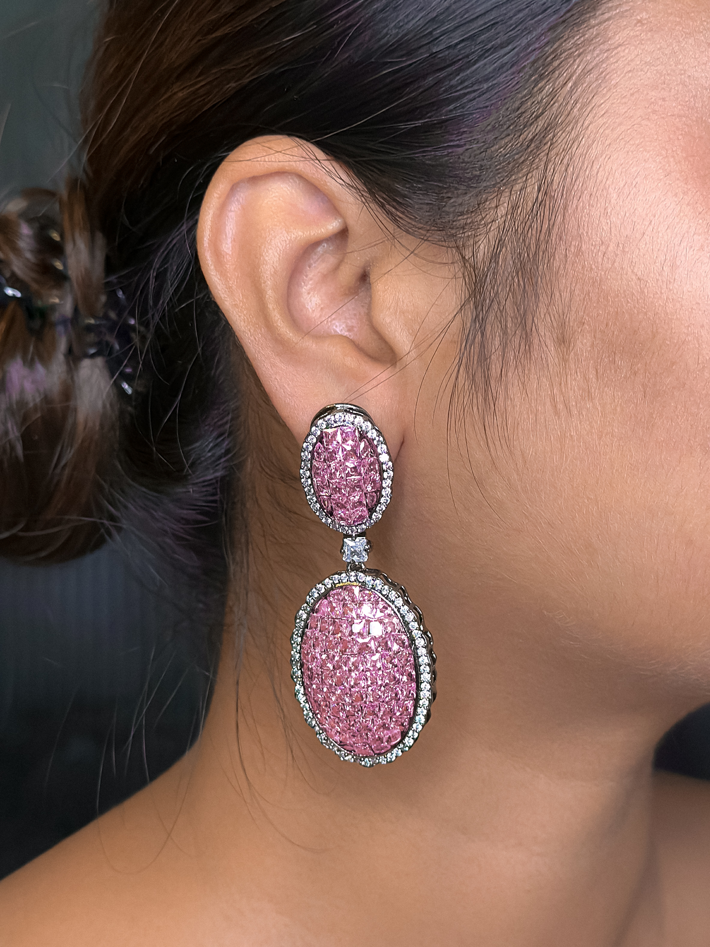 "Dazzling Purple Drop Earrings – Emerald White Stone & Diamond Shine"