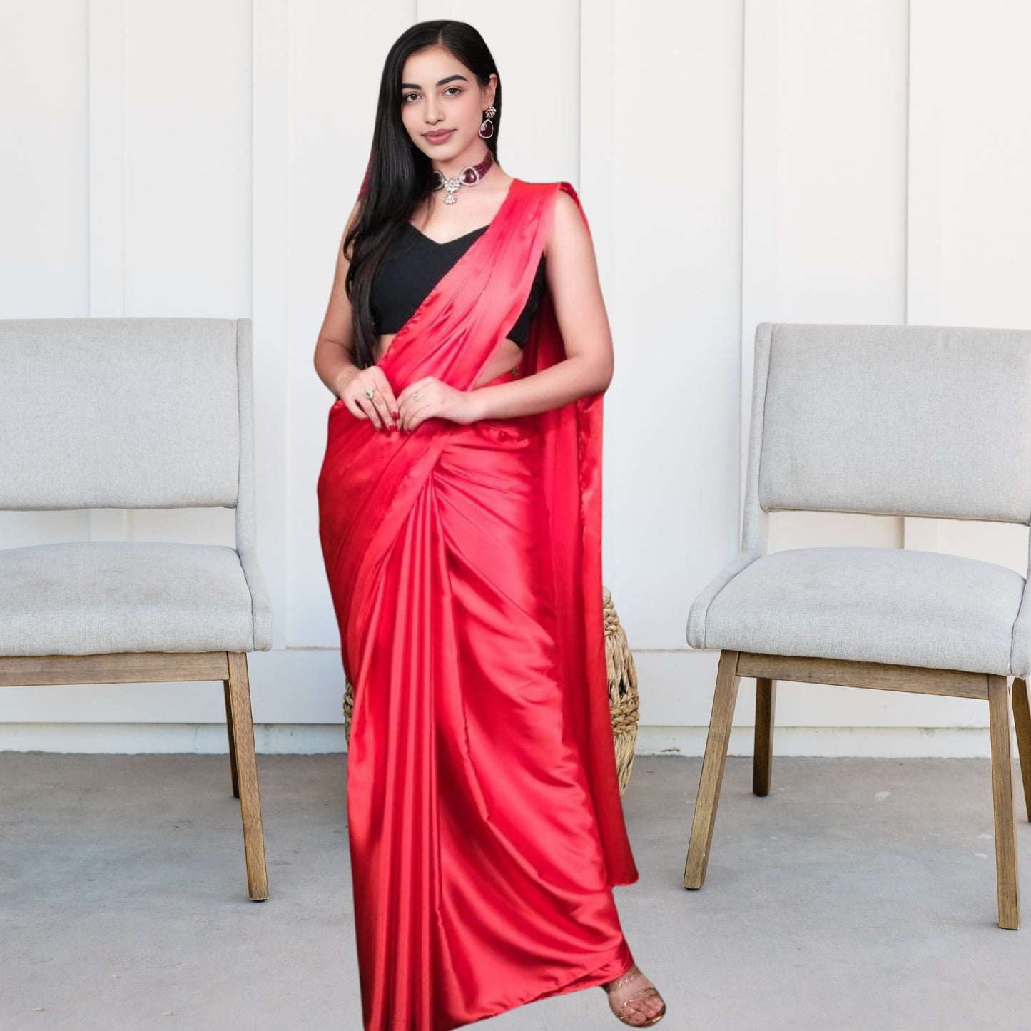 RED SATIN SAREE