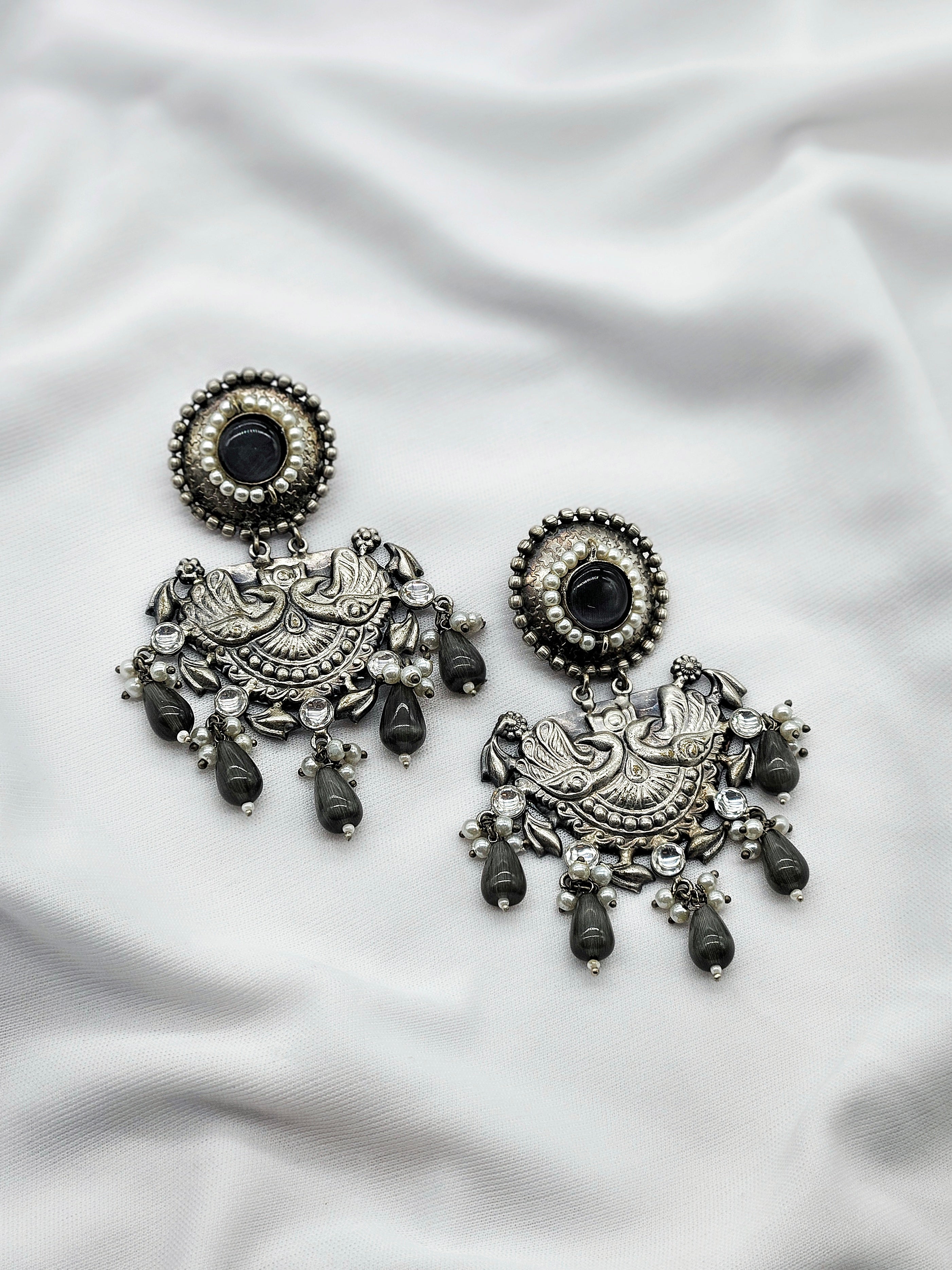Handcrafted Peacock Motif Earrings with Lustrous Peach Pearls oxidised earring