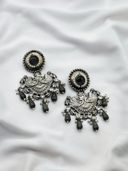 Handcrafted Peacock Motif Earrings with Lustrous Peach Pearls oxidised earring