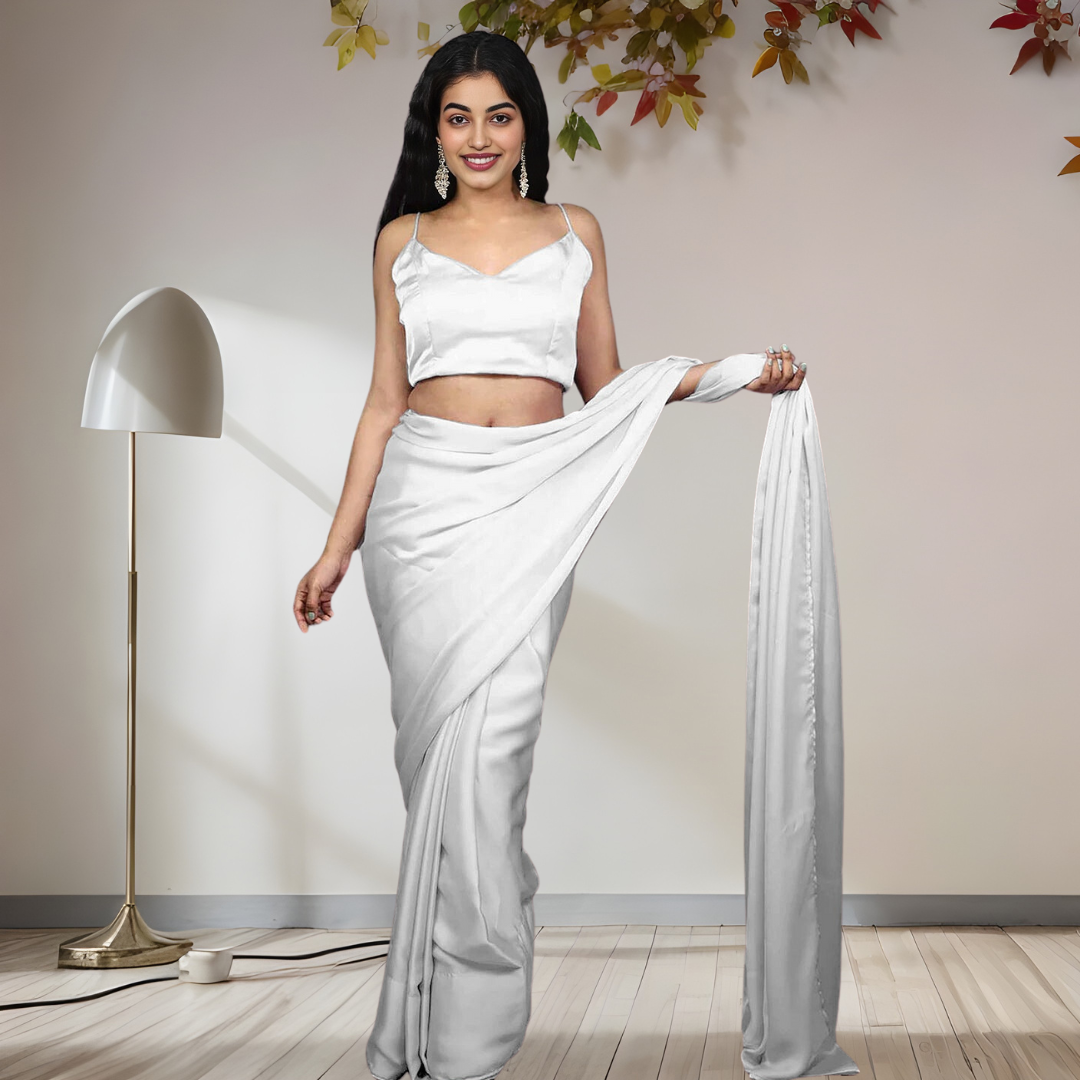 WHITE SATIN SAREE