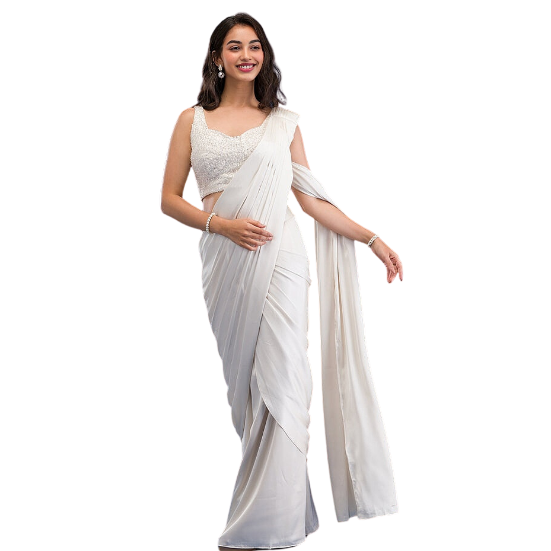 WHITE SATIN SAREE