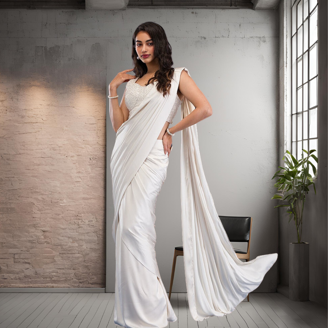 WHITE SATIN SAREE